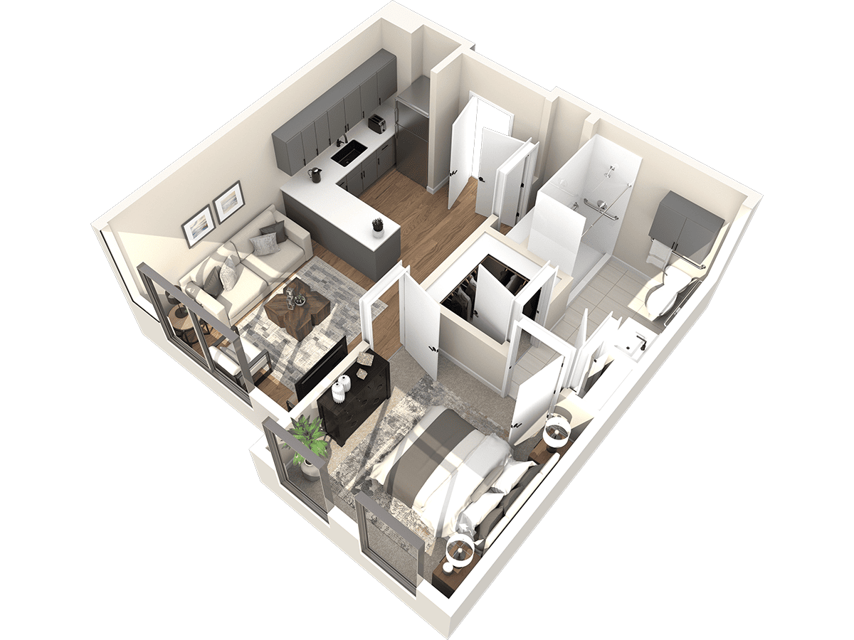 3D floor plan of a one-bedroom apartment at Thrive Senior Living, featuring a living room, kitchen, bedroom, and bathroom with modern design and neutral color scheme.