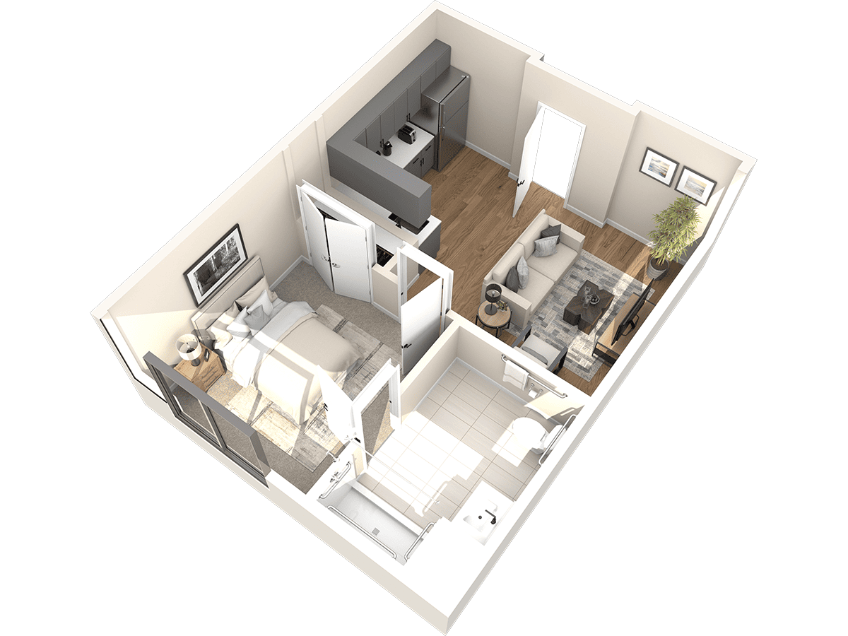 Explore the 3D floor plan of this contemporary one-bedroom apartment designed to complement the Thrive Senior Living experience. With a modern kitchen, bathroom, living room, and chic bedroom, every detail enhances comfort and style.