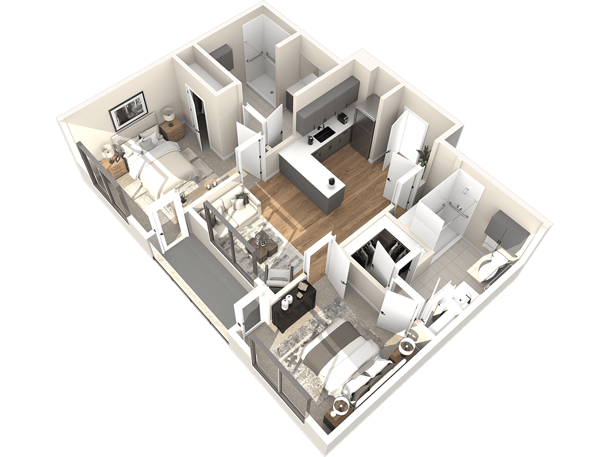 Explore the 3D floor plan of this Thrive Senior Living two-bedroom apartment, featuring a kitchen, living area, and two bathrooms. Enjoy the elegance of wooden flooring in both the kitchen and living room, designed for comfort and sophistication.