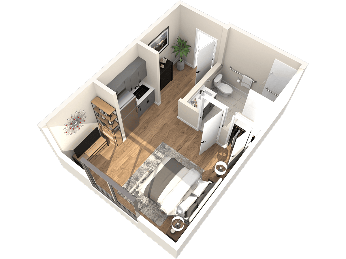 Explore a 3D floor plan of a cozy apartment at Thrive Senior Living, showcasing a bedroom, kitchen, bathroom, and a small living area with wooden flooring and minimal furnishings designed for comfort and ease.