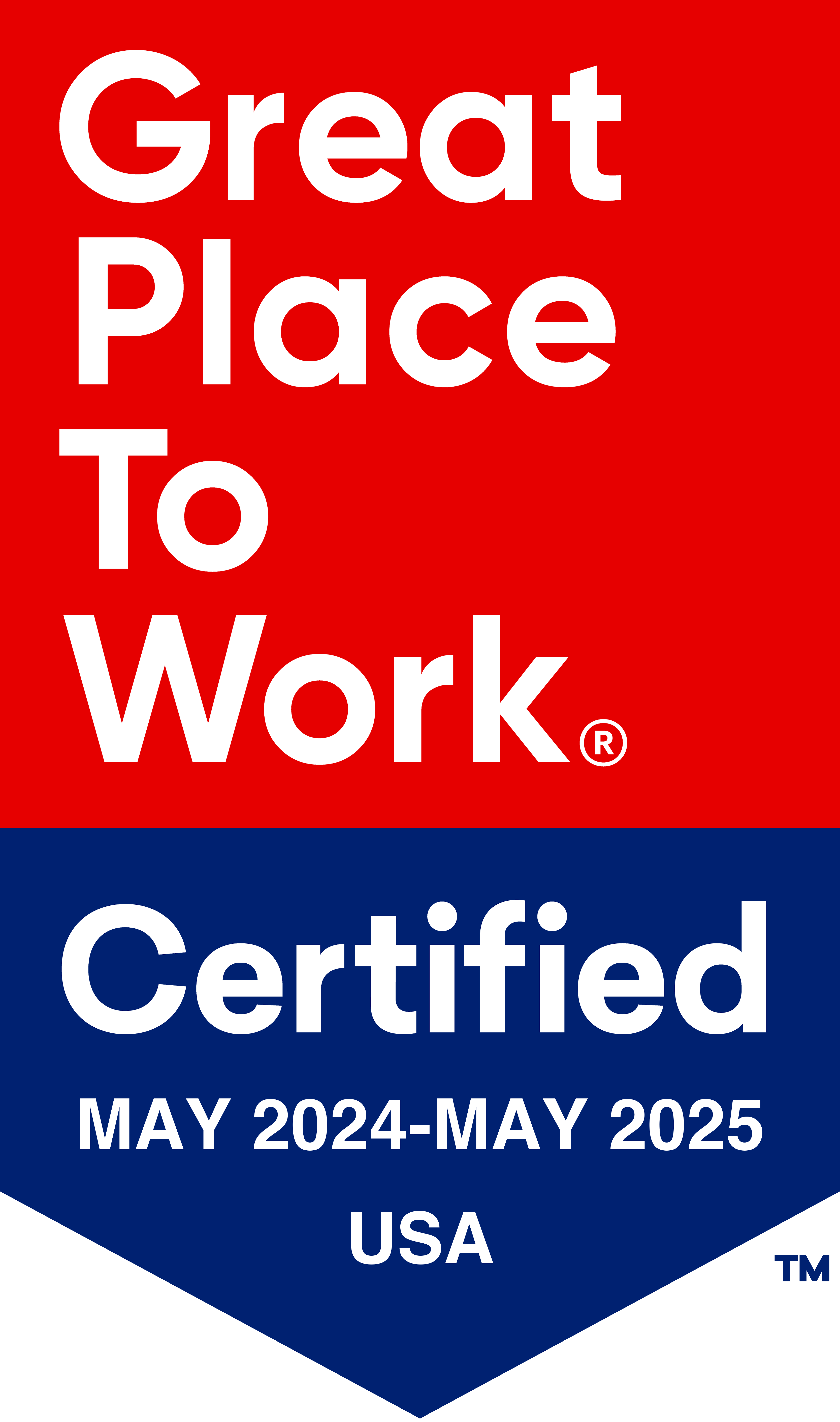 Great Place to Work certified badge for May 2024 to May 2025, USA, featuring a red and blue background, proudly highlighting Thrive Senior Living.