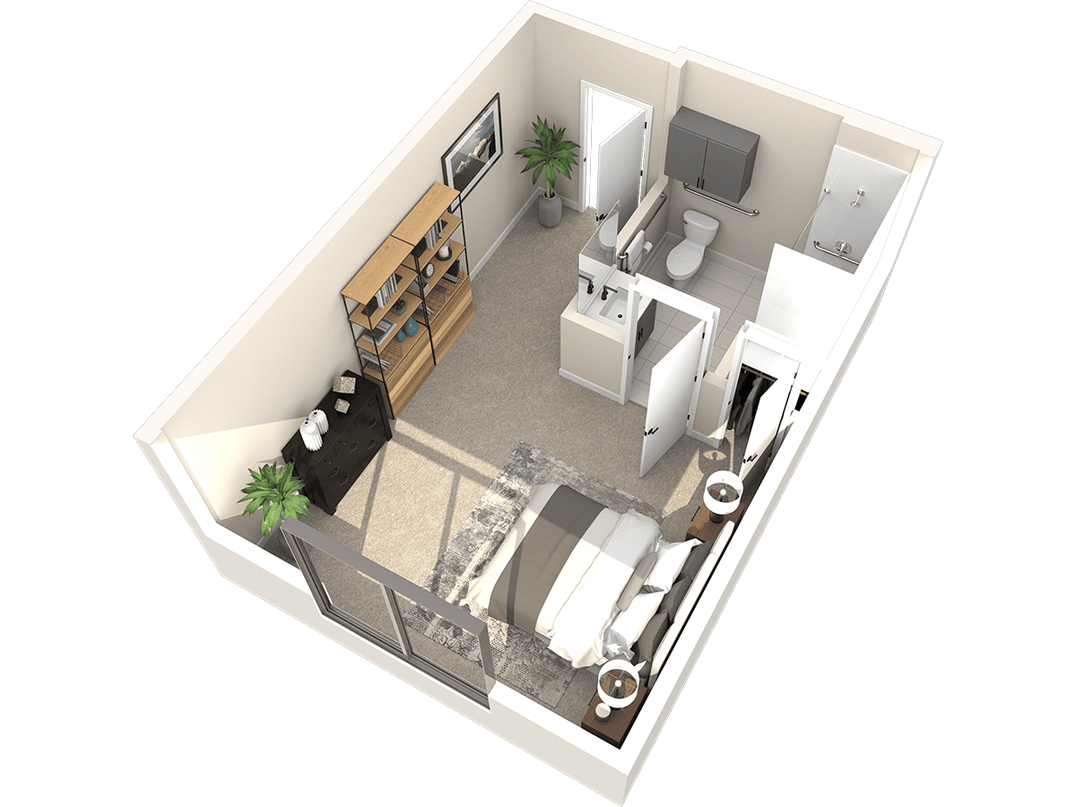 A 3D rendering showcases a cozy bedroom in the Thrive Senior Living style, featuring a bed flanked by two bedside tables, a bookshelf, and a dresser. The space includes an adjoining bathroom and two lush plants to enhance tranquility.