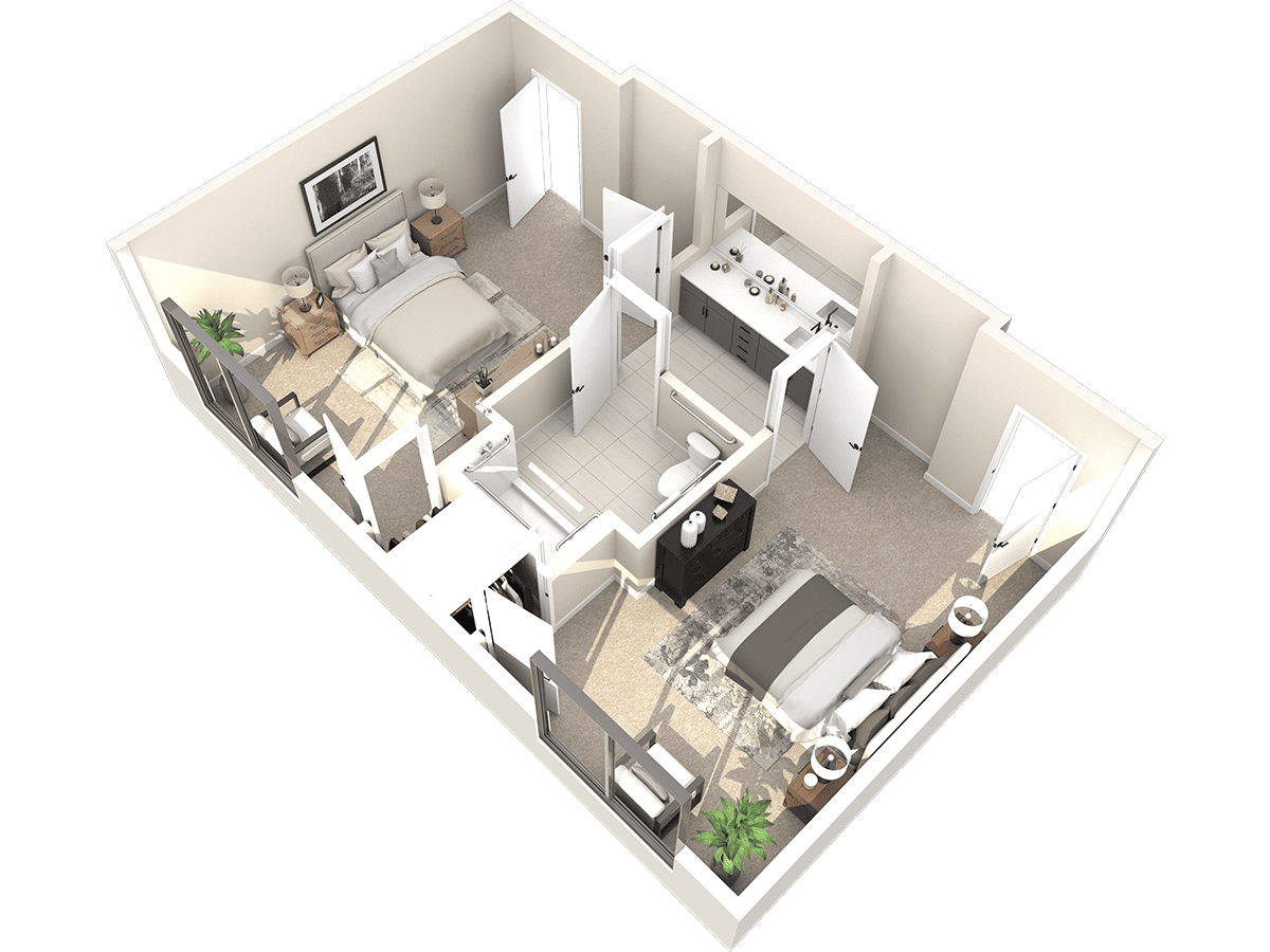 Experience a 3D floor plan of a two-bedroom, one-bathroom Thrive Senior Living apartment. Featuring a kitchen, cozy living area, and intimate dining space, all rooms are elegantly furnished with doors thoughtfully shown open for easy accessibility.